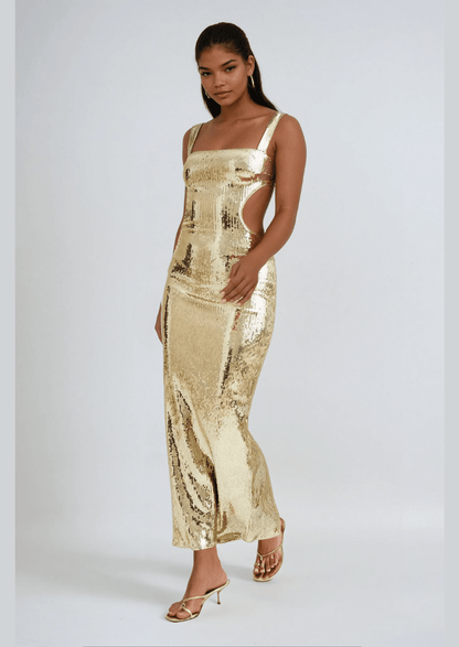 Gold Maxi Dress Stunning Sequined Gown | Mabel Love Co. Gold / L Gold Maxi Dress Stunning Sequined Gown | Mabel Love Co. Gold / L