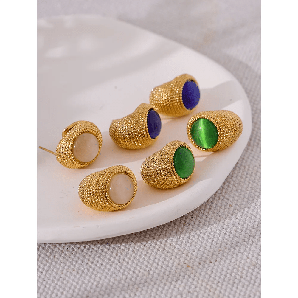 Gold - Toned Textured Oval Stone Earrings 1