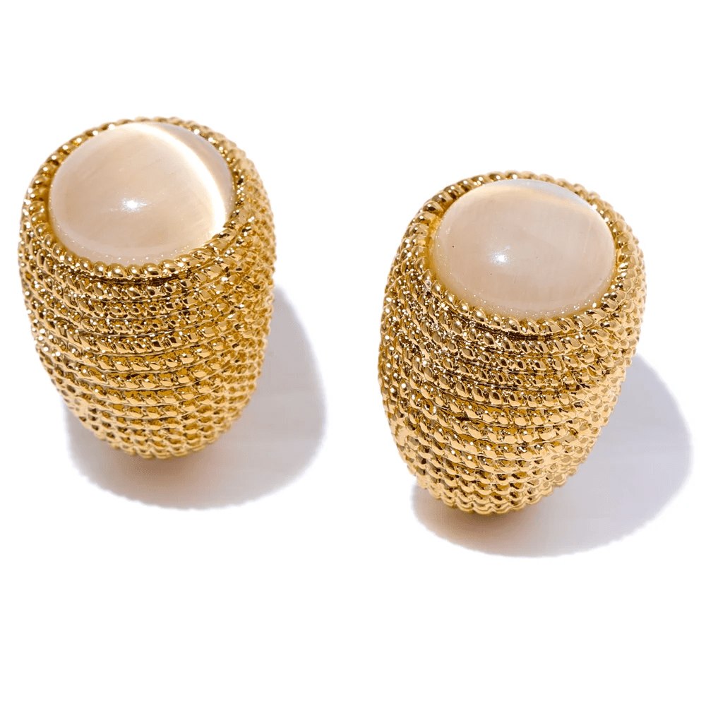 Gold Toned Textured Oval Stone Earrings