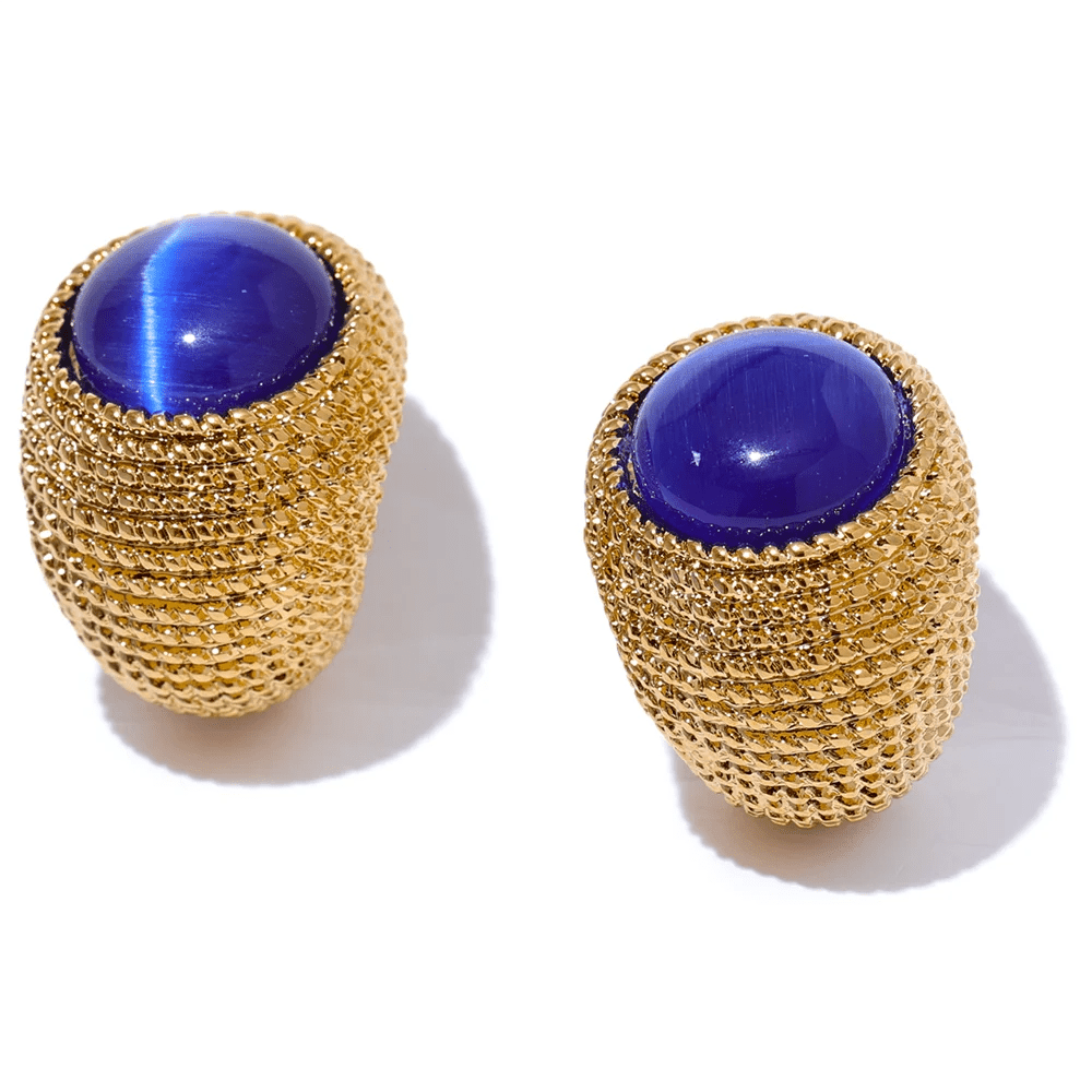 Blue Gold - Toned Textured Oval Stone Earrings