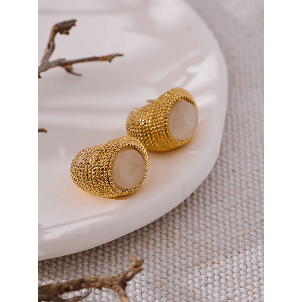 White Gold - Toned Textured Oval Stone Earrings 1