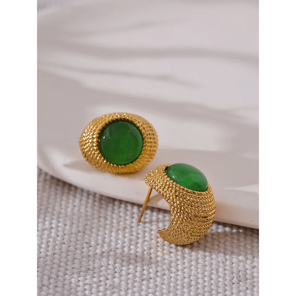 Green Gold - Toned Textured Oval Stone Earrings 1