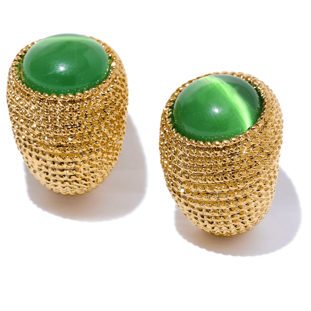 Green Gold - Toned Textured Oval Stone Earrings