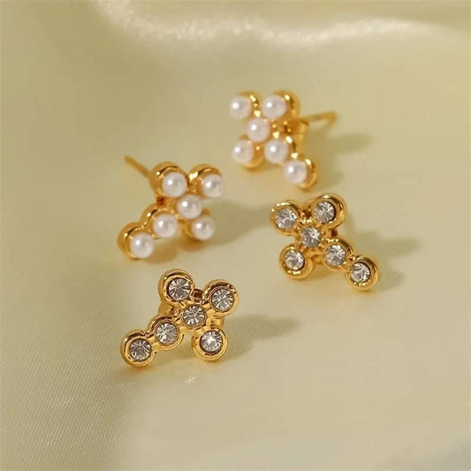 Golden Cross Pearl Stud Earrings