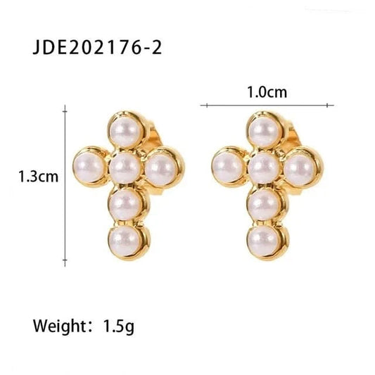 Golden Cross Pearl Stud Earrings
