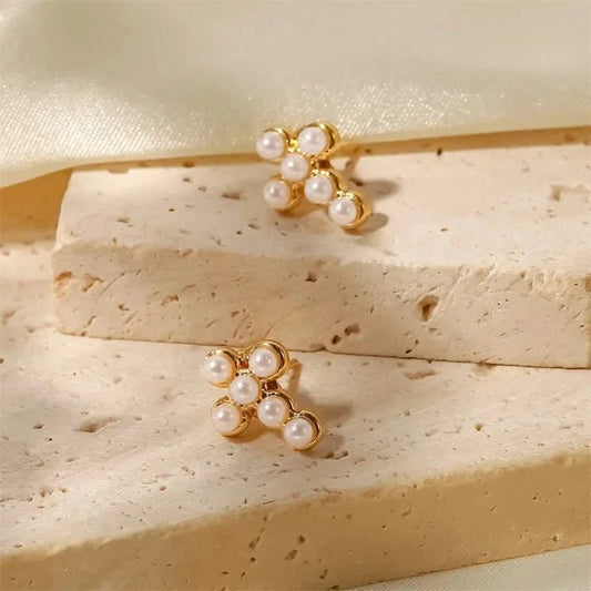 Golden Cross Pearl Stud Earrings