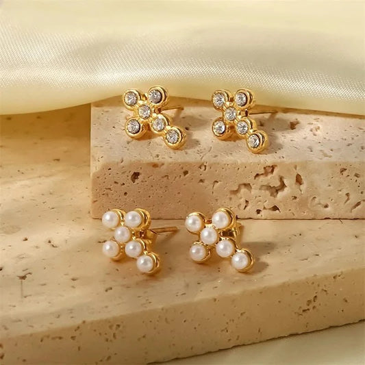 Golden Cross Pearl Stud Earrings