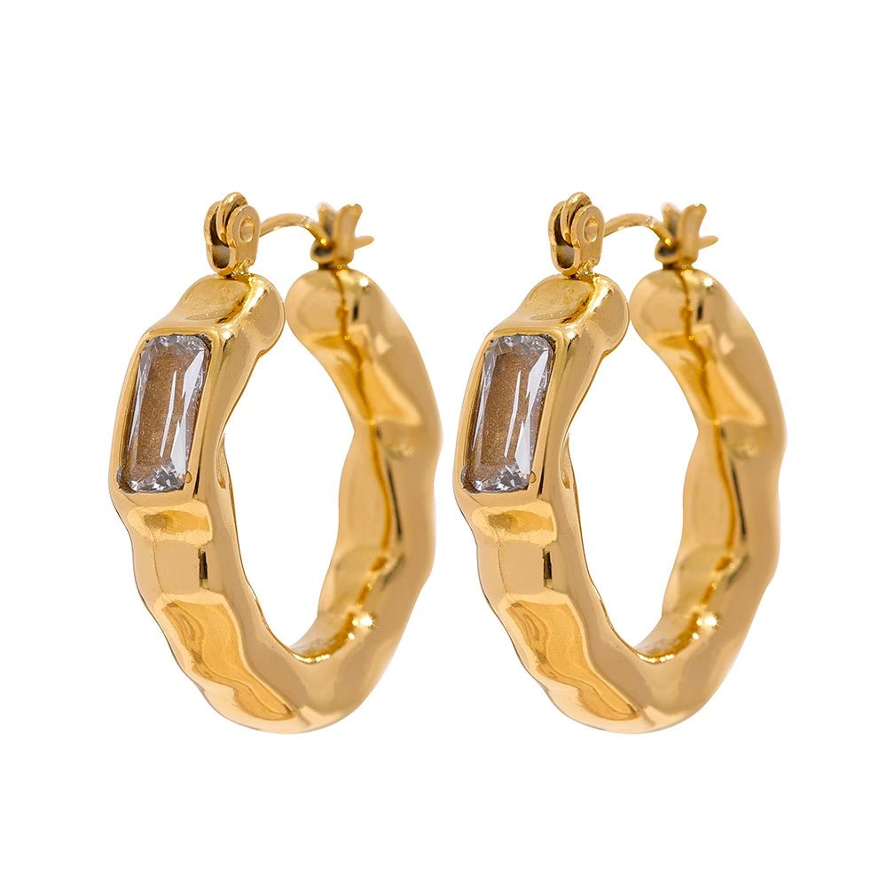 Golden Bamboo Clear Gem Hoop Earrings