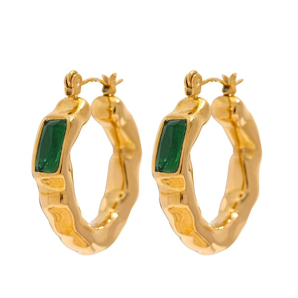 Golden Bamboo Green Gem Hoop Earrings