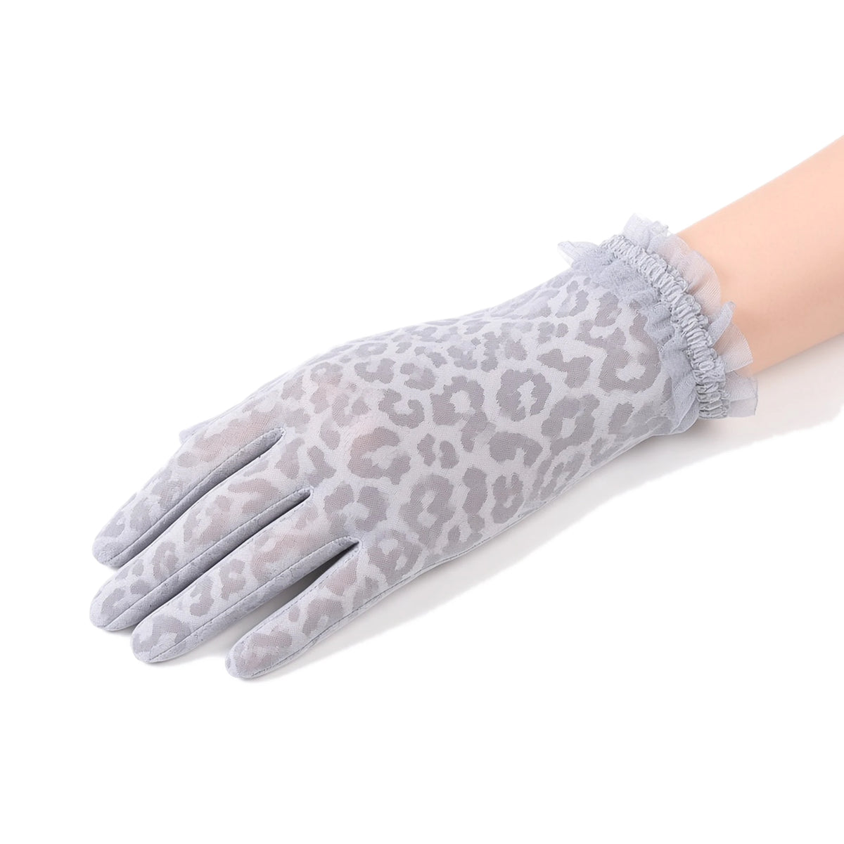 Leopard Lace Mesh Gloves — gray close-up