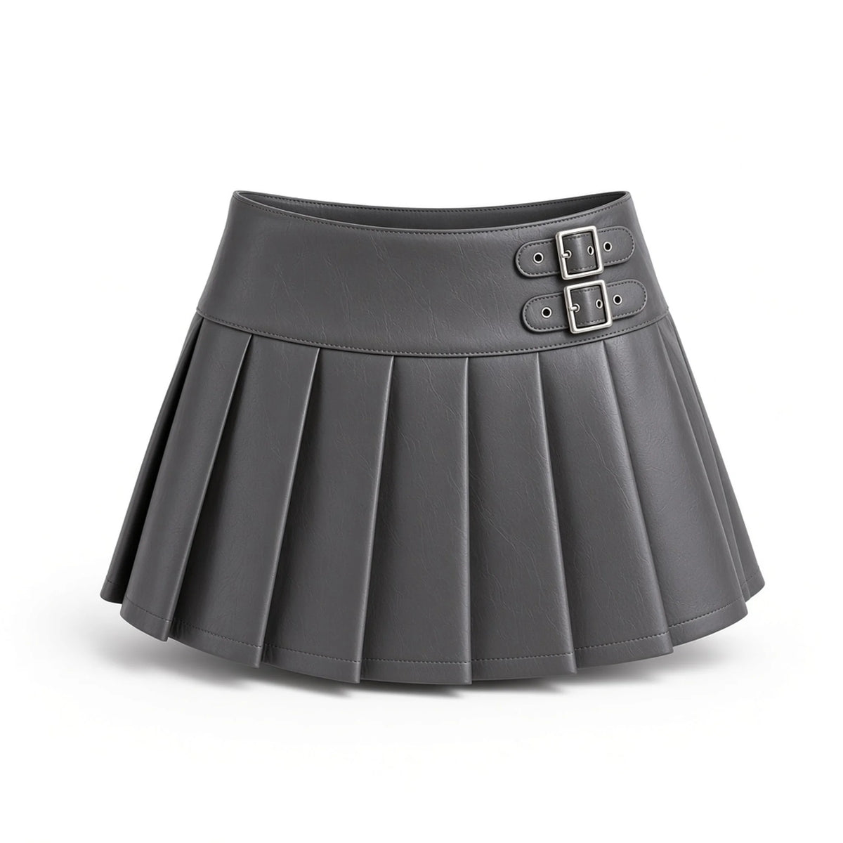 PU Leather Double-Buckle Pleated Mini Skirt — gray front
