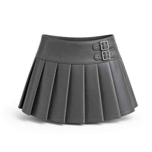 PU Leather Double-Buckle Pleated Mini Skirt — gray front