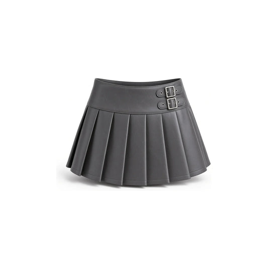 Double-Buckle Faux Leather Mini Skirt — gray front
