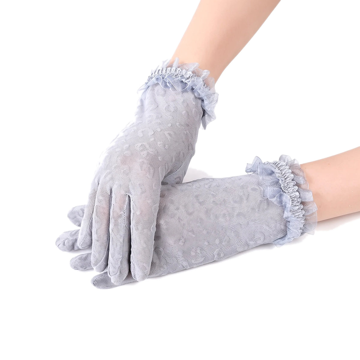 Leopard Lace Mesh Gloves — gray front