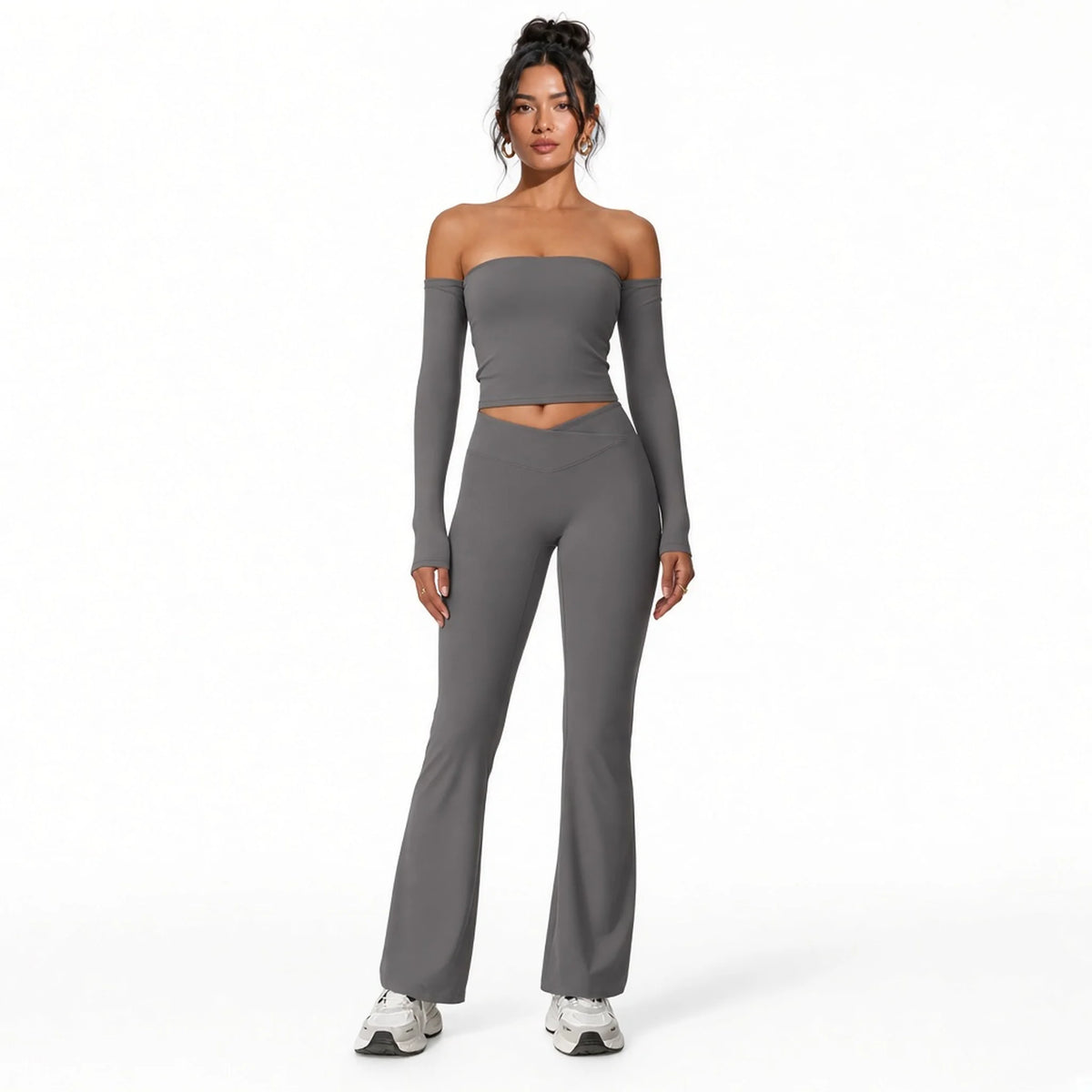 Women's Fitness Long Sleeve Leggings Set — Gray Set-1 front
