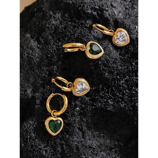 Green and White Heart Charm Hoop Earrings