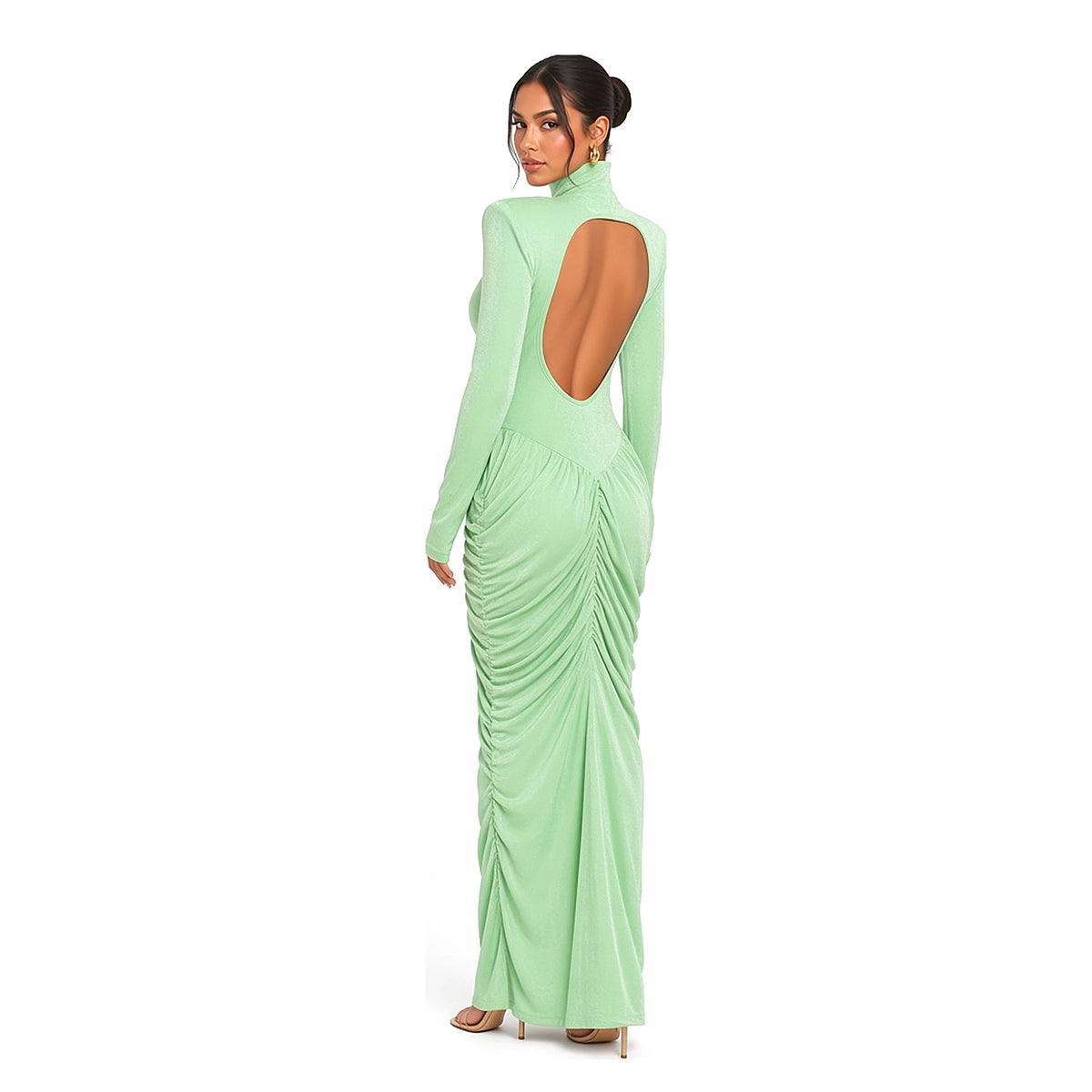 Ruched Turtleneck Open-Back Maxi Dress — Green back