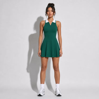Collared Halter Tennis Dress —green front on-model 2048