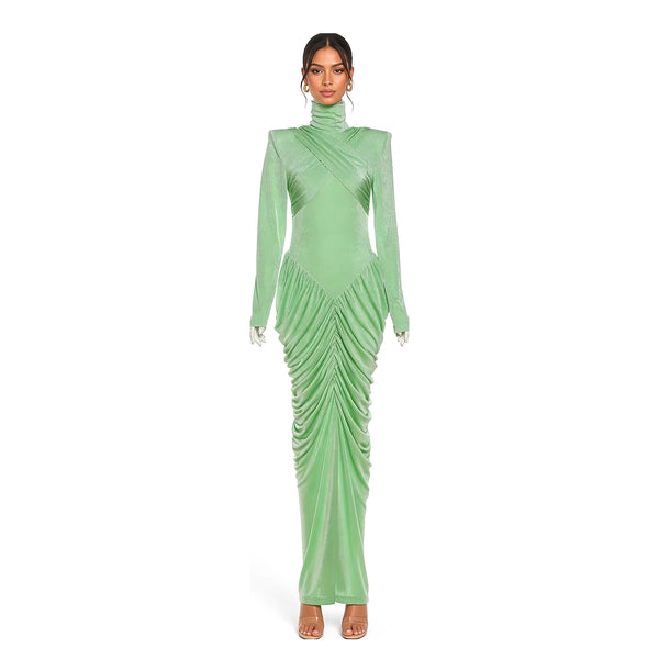 Ruched Turtleneck Open-Back Maxi Dress — Green front