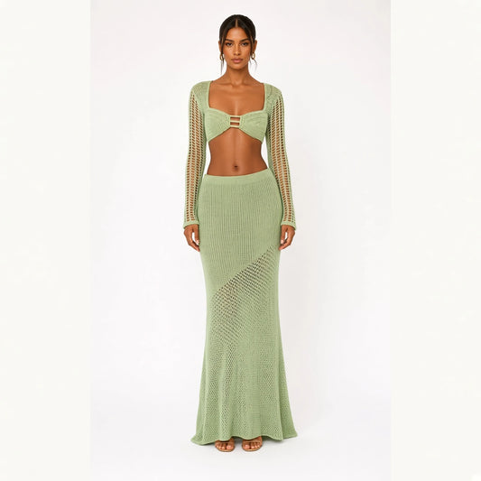 Chic Crochet Knit Skirt Set — Green front