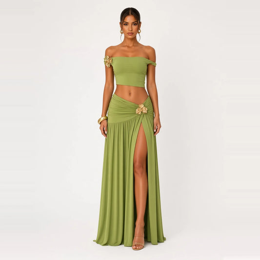 Off-Shoulder Crop Top & Ruched Maxi Skirt Set — green front