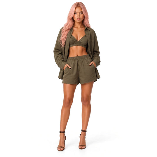 Casual Three-Piece Loungewear Set — Army Green front