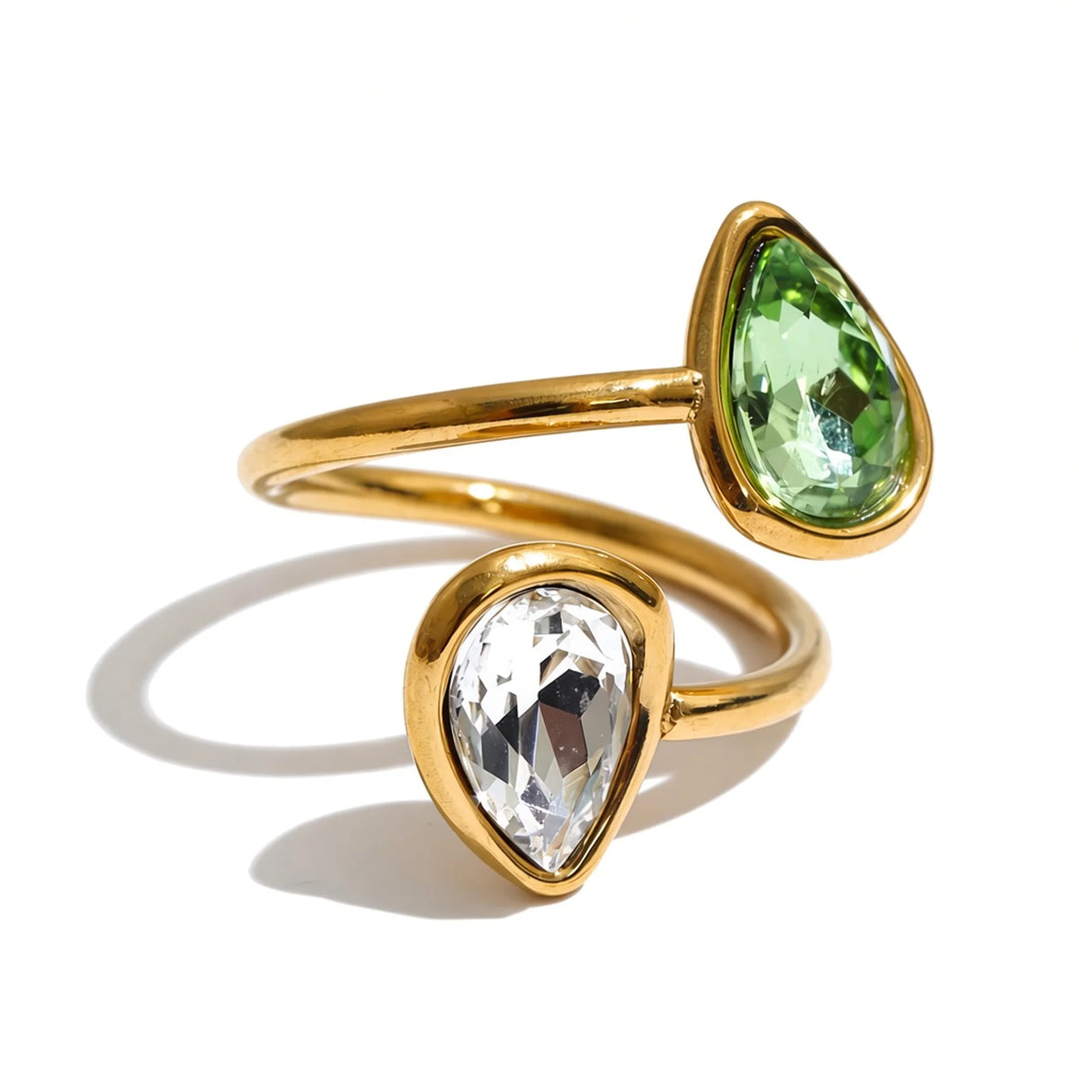 Double Teardrop Adjustable Ring — green front