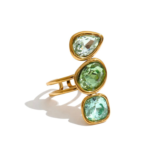 Three Stone Adjustable Crystal Ring — green front