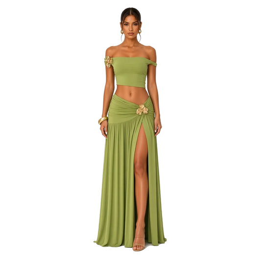 One-Shoulder Gold Rosette Maxi Set — green front