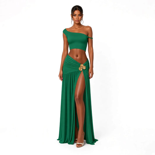 Skew Neck Maxi Skirt Set — Green front