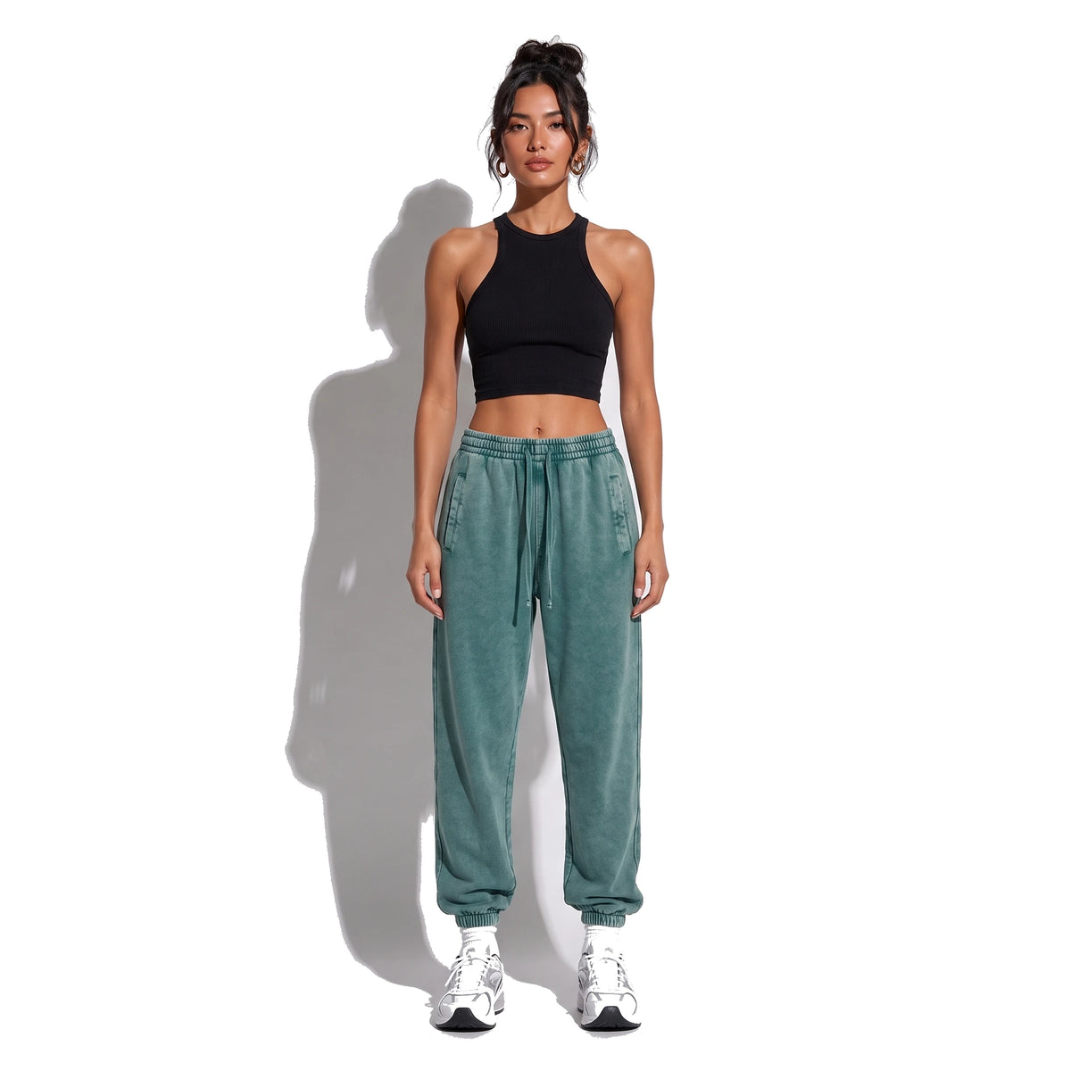 Washed Loose Sweatpants — green front