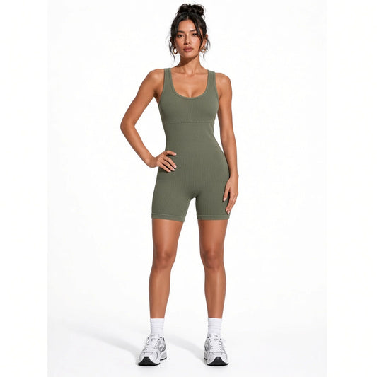Ribbed Tank Top Rompers — Green front