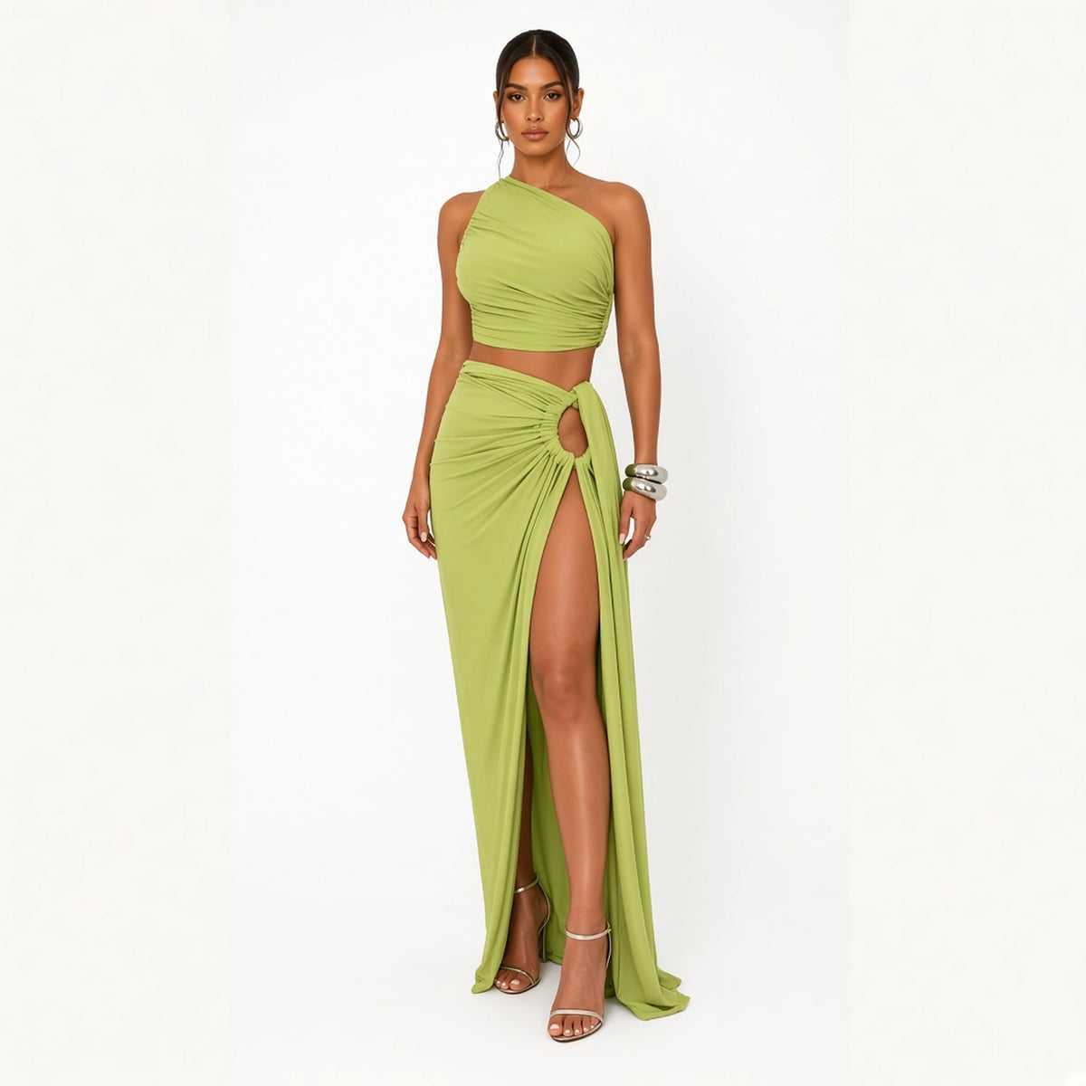 Ruched Cutout Maxi Set — Green front