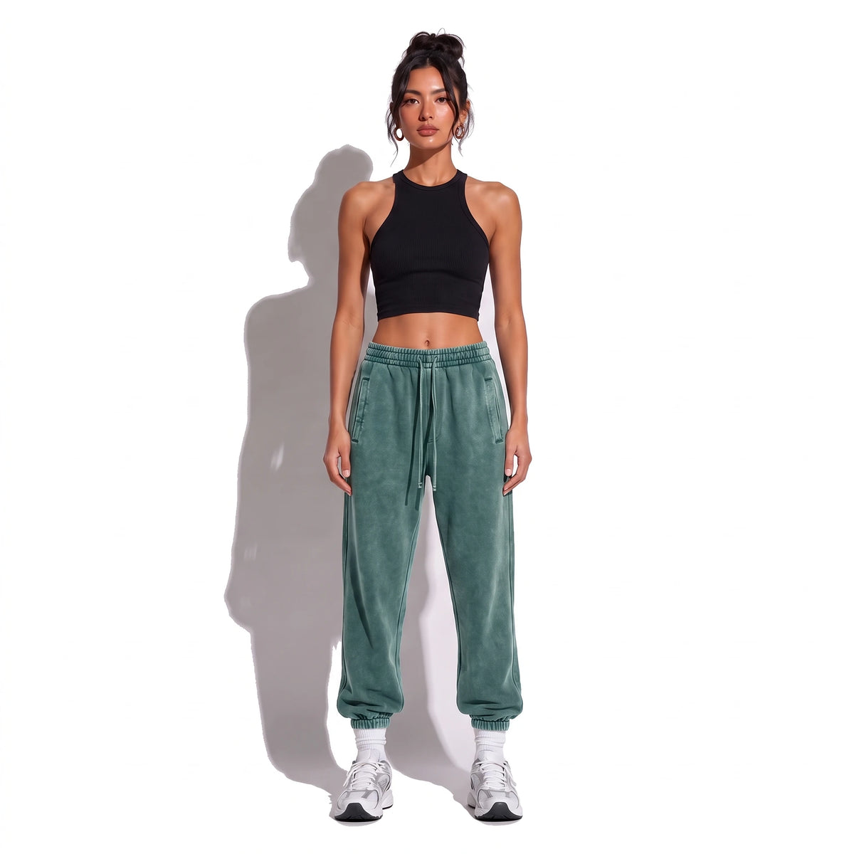 Street Distressed Loose Joggers — green front