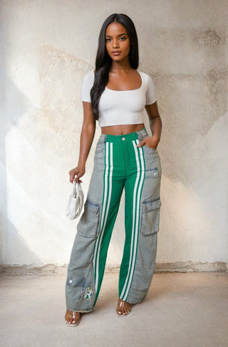 Green Patchwork Striped Denim Cargo Pants - Mabel Love Co - Denim cargo pants