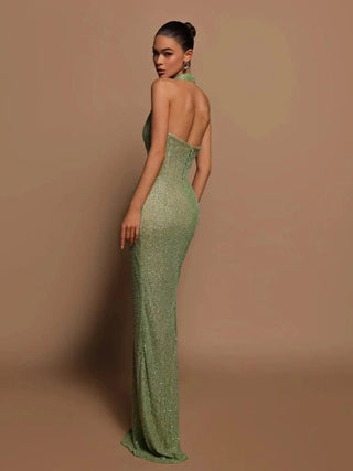 Green Sequin Halter Maxi Dress