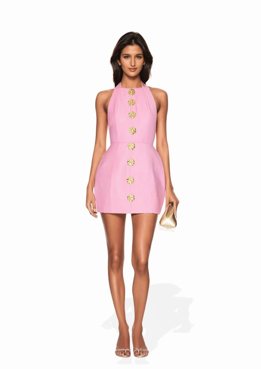 Halter Mini Dress with Rose Gold Buttons | William zho Mini Dress Mabel Love Co Halter Mini Dress with Rose Gold Buttons | William zho Mini Dress Mabel Love Co