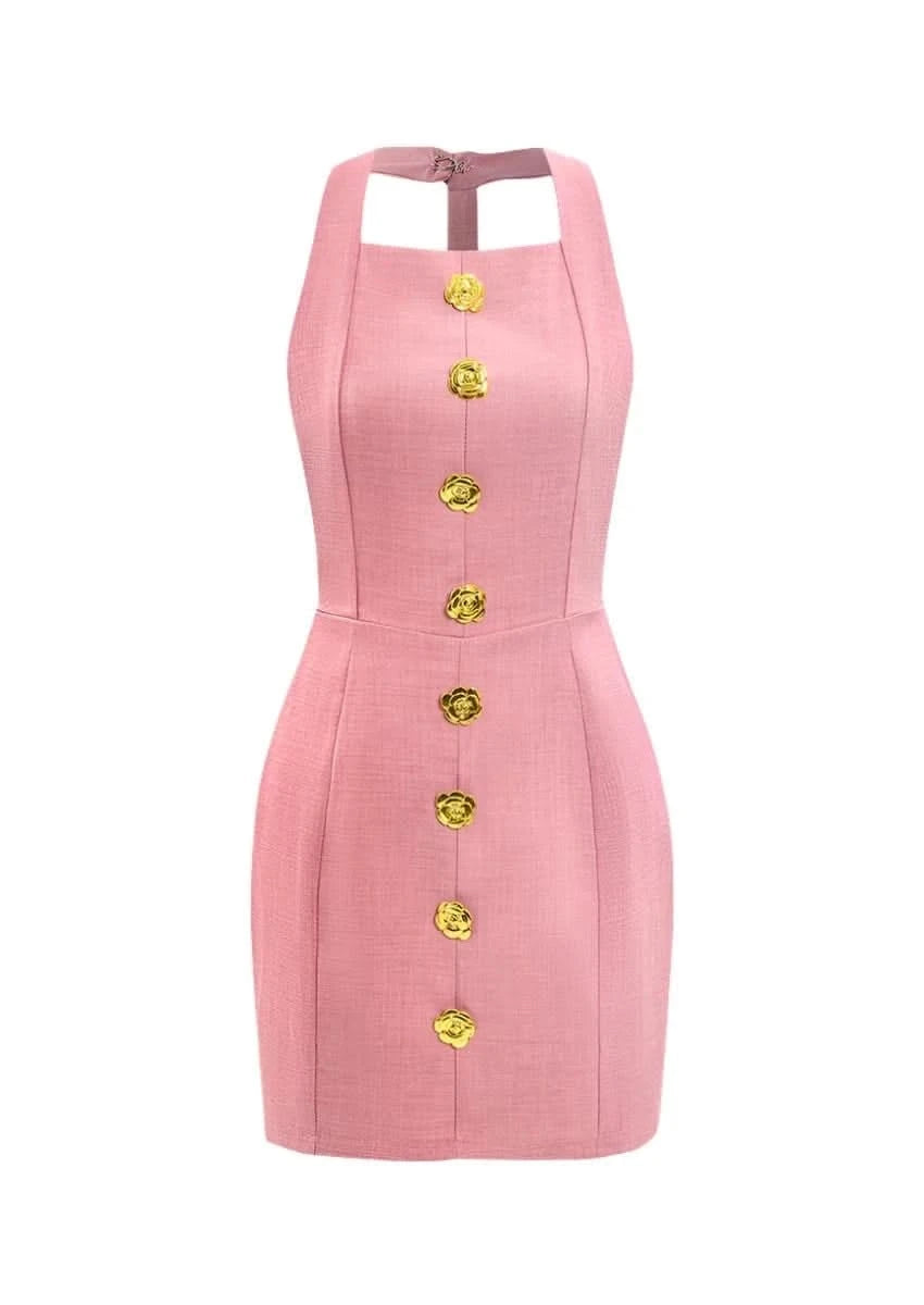 Halter Mini Dress with Rose Gold Buttons | William zho Mini Dress Mabel Love Co Halter Mini Dress with Rose Gold Buttons | William zho Mini Dress Mabel Love Co