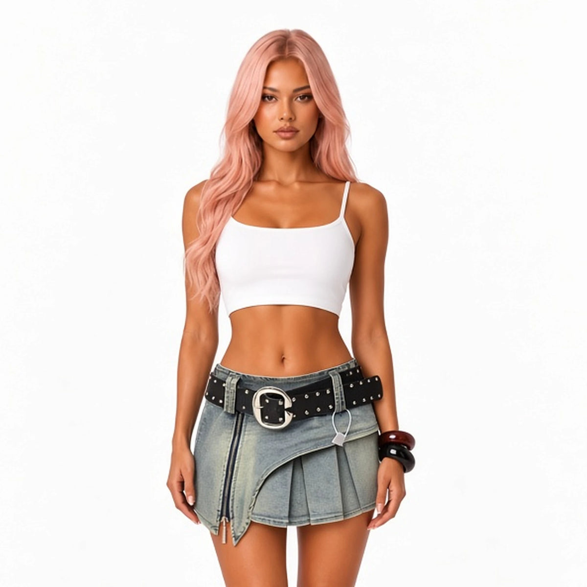 Low Waist Denim Pleated Mini Skirt — Light Blue close-up