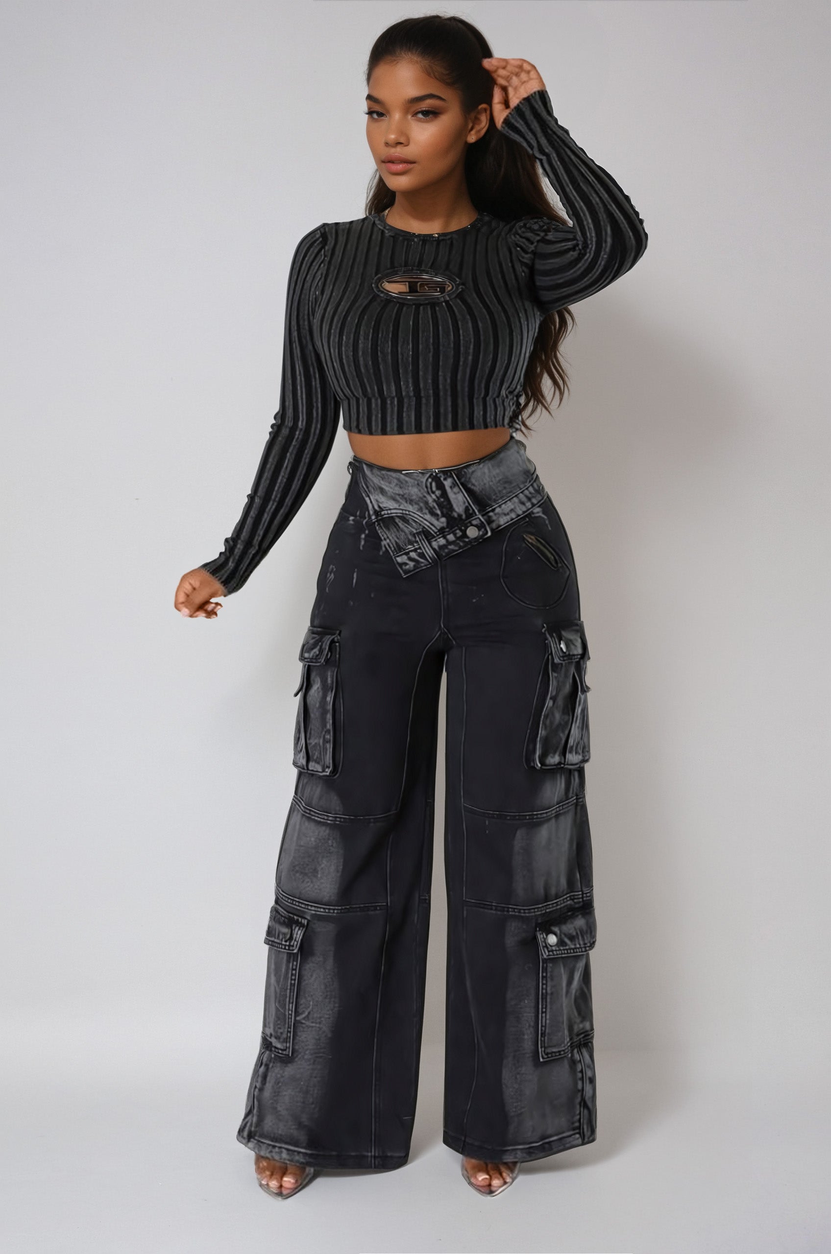 High - Waist Fold Over Black Cargo Jeans