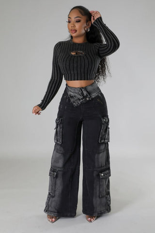 High - Waist Fold Over Black Cargo Jeans