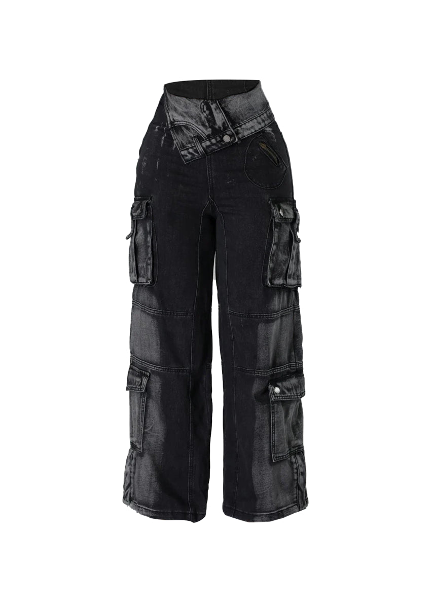 High - Waist Fold Over Black Cargo Jeans