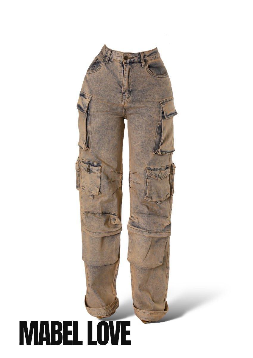 High - Waisted Brown Acid Washed Cargo Jeans