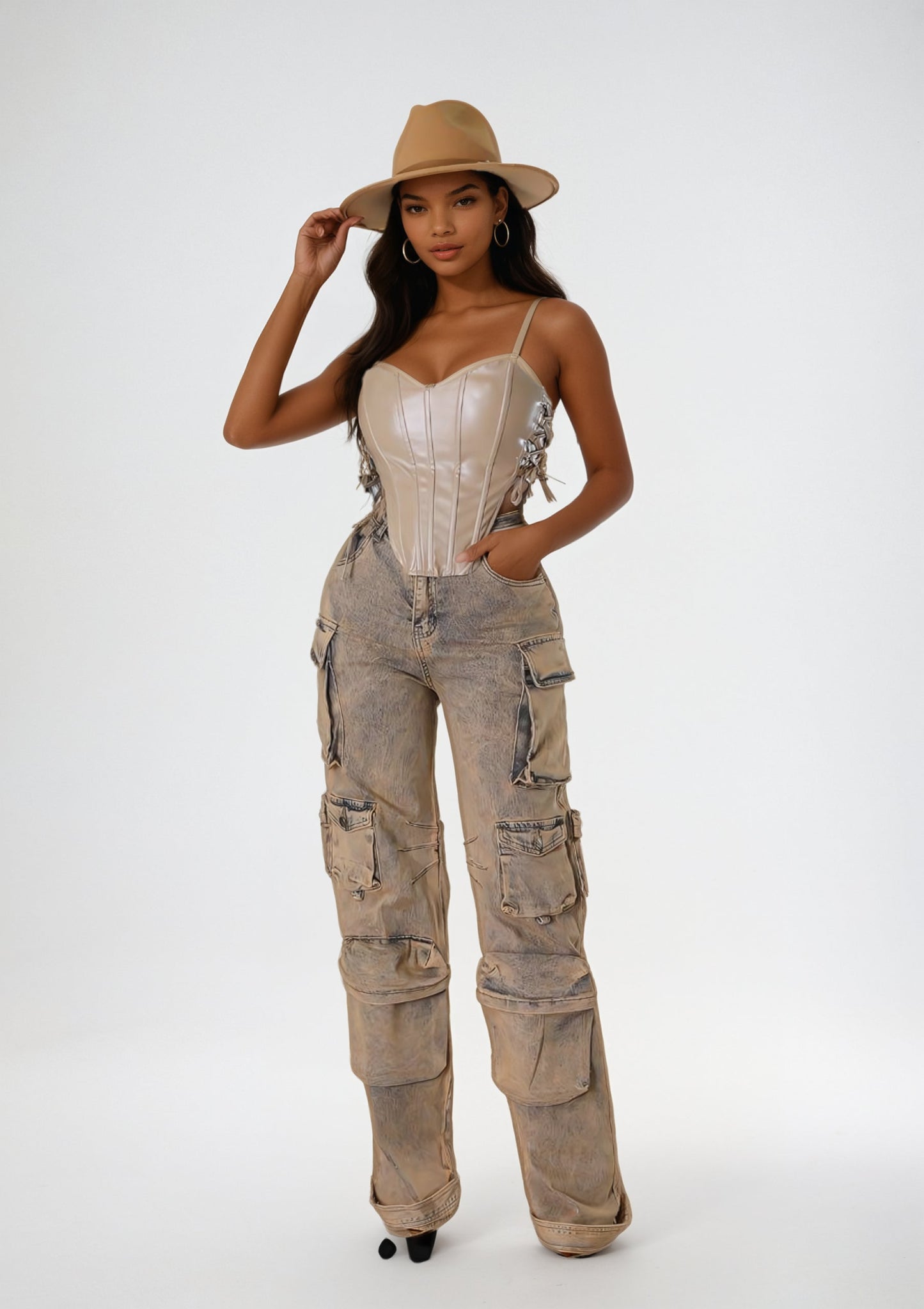 High - Waisted Brown Acid Washed Cargo Jeans