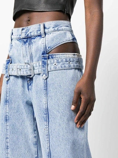 Hollow - Out Belt Denim Pants