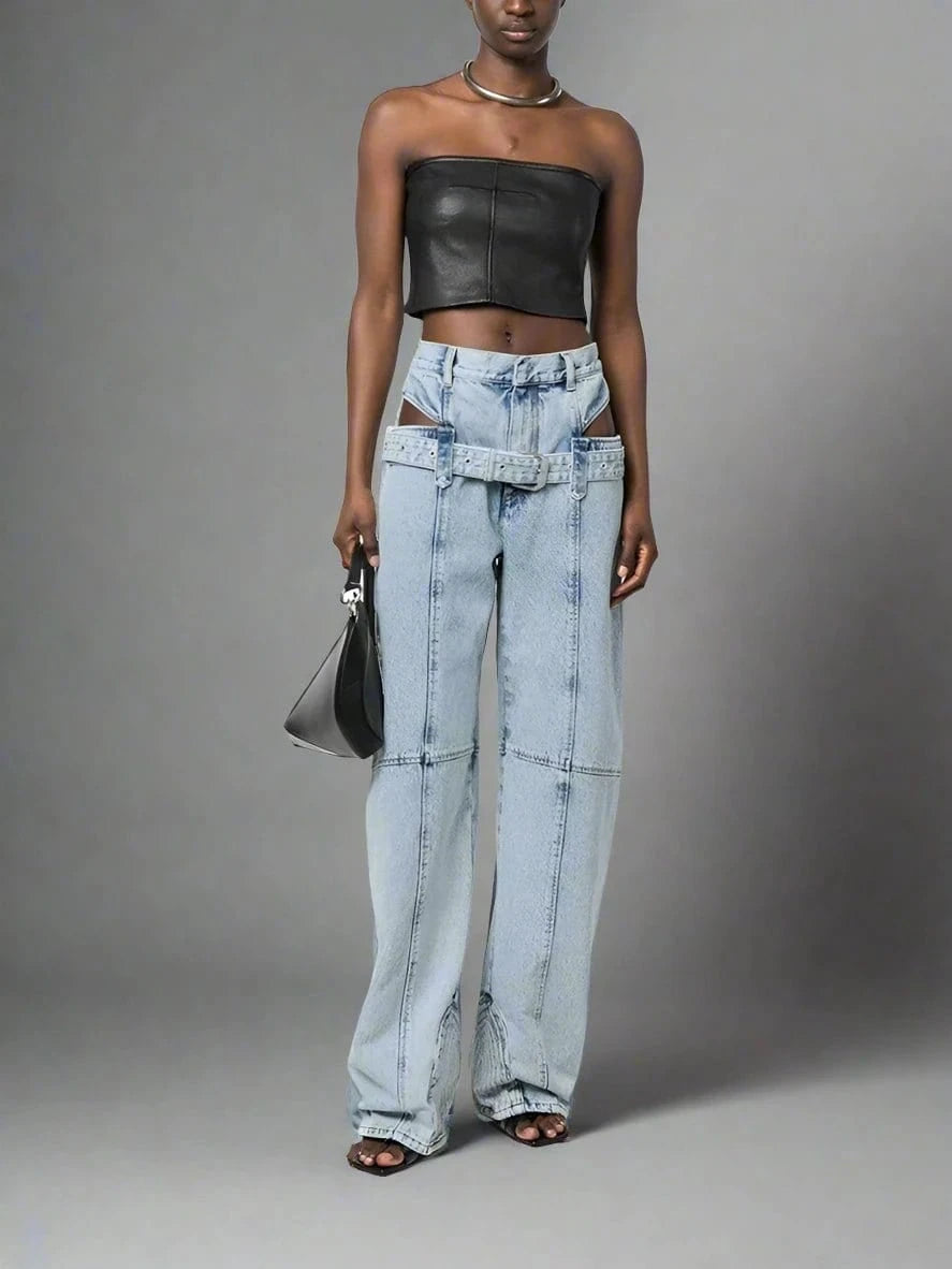 Hollow - Out Belt Denim Pants