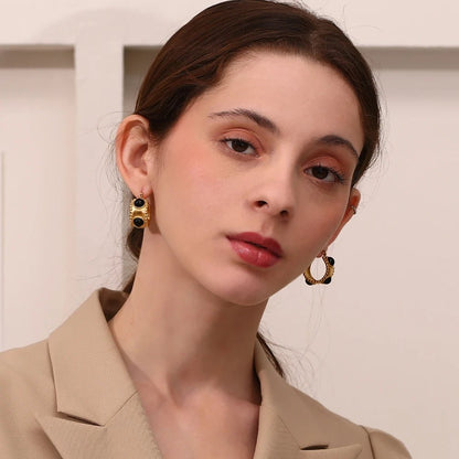 Sample wearing of Black Hoop Earrings with Multi - Stone Accents