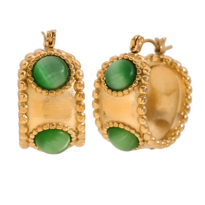 Green Hoop Earrings with Multi - Stone Accents