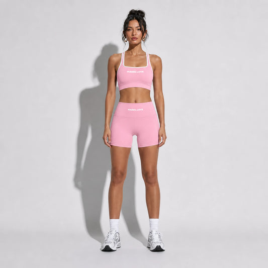 Set — High Support bra + Legging Shorts pink front on-model 2048