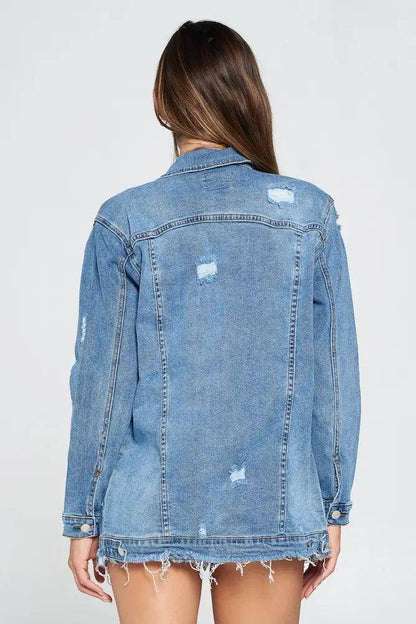 Women Medium Wash Distressed Oversized Jacket, [product type]